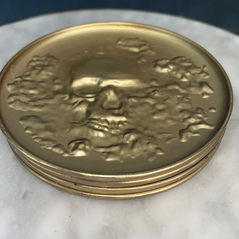 Threshold Metal Antique Gold Skull Embossed Coasters Set Halloween Man Cave